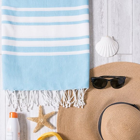 New Aqua Blue Turkish Cotton Peshtemal Beach Towel Bath Spa Fouta Pool Sarong - Picture 8 of 8